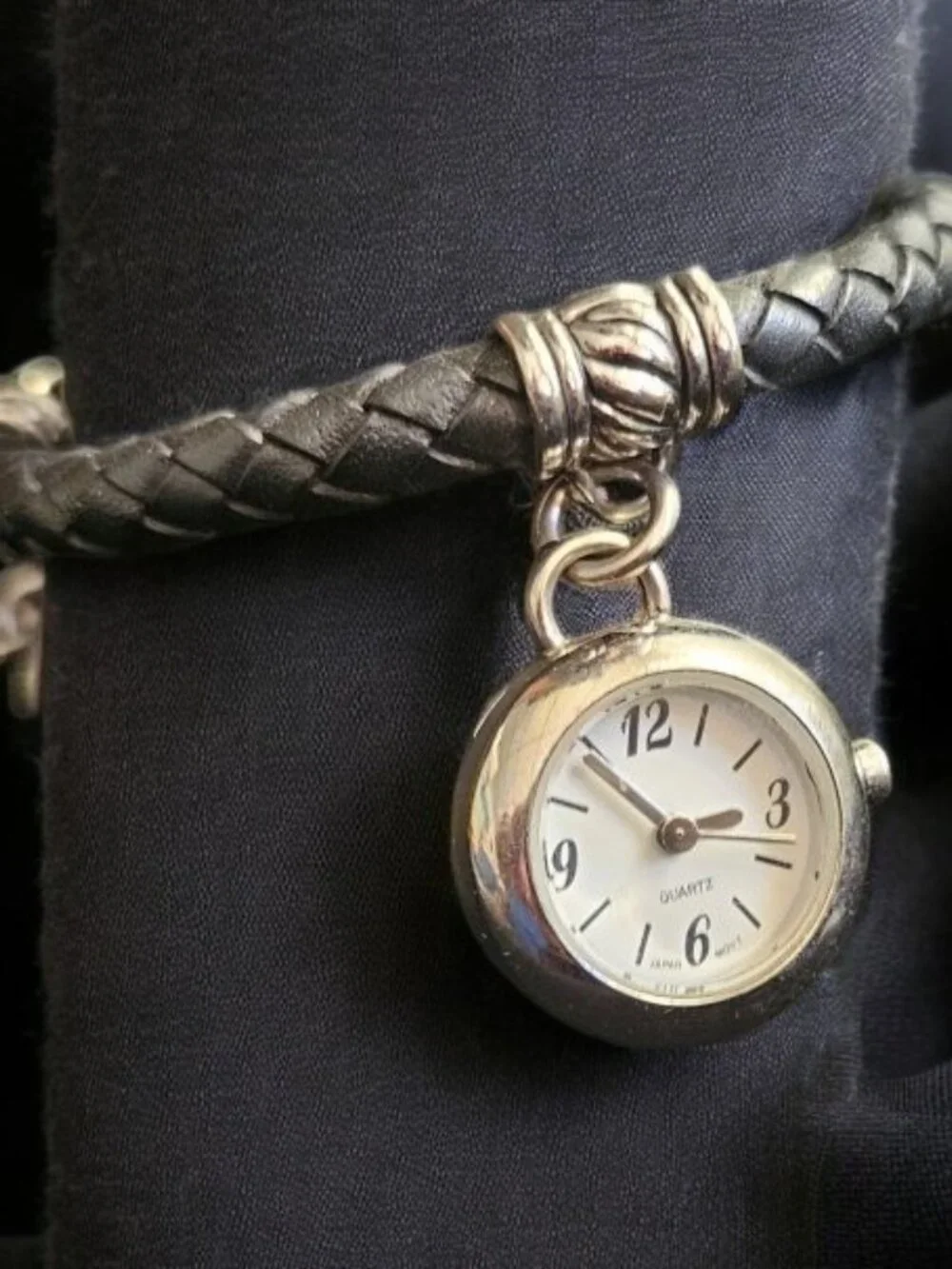 Black Braided Leather Band Silvertone Heart Charm Ladies Quartz Watch
